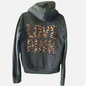 PINK Victoria's Secret BLING Cheetah Fashion Show Sequin Fur Full Zip Hoodie Sm